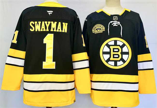 Mens Boston Bruins #1 Jeremy Swayman Black 100th Anniversary Stitched Hockey Jersey->boston bruins->NHL Jersey